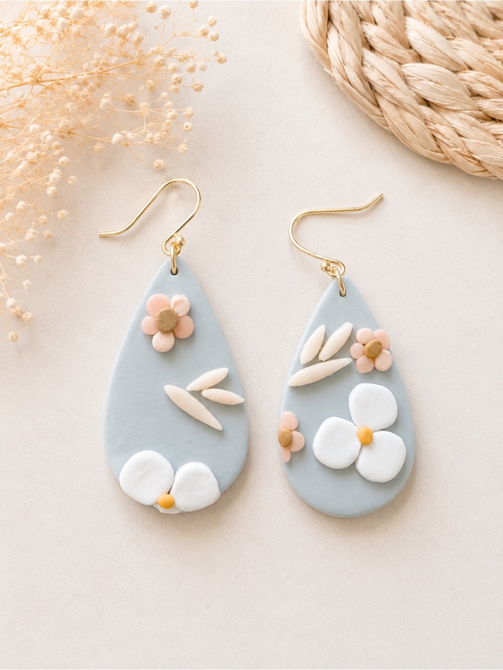 Light Blue Floral Teardrop Earrings with Gold Hooks